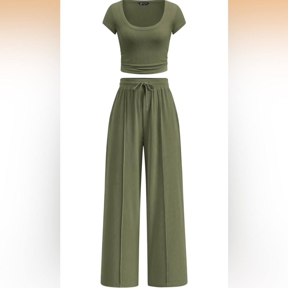 Pretty Garden 2 piece matching lounge wear set ribbed cropped top wide leg Large
